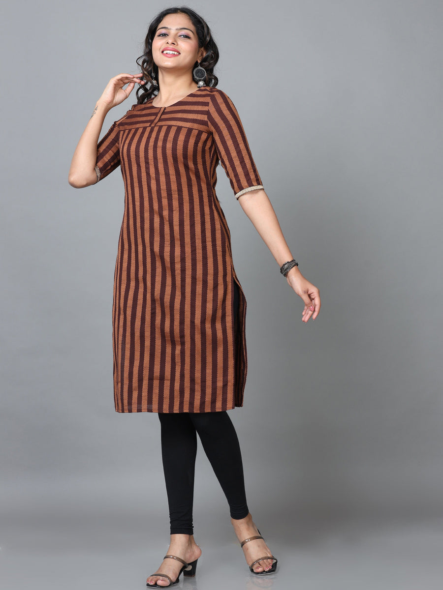 Brown Elbow Length Sleeve Cotton Striped Straight Knee Length Kurta