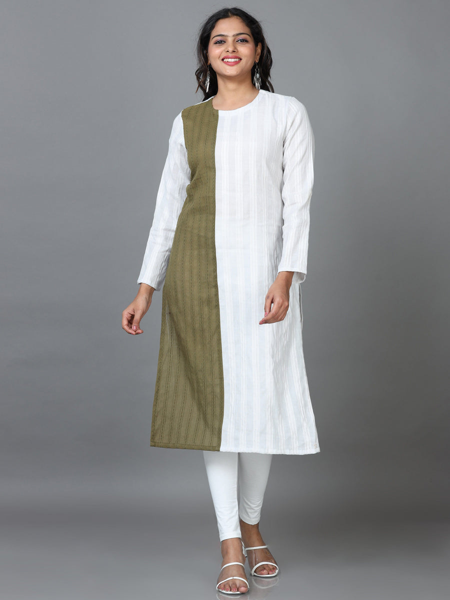 White Full Sleeve Cotton Solid Straight Calf Length Kurta