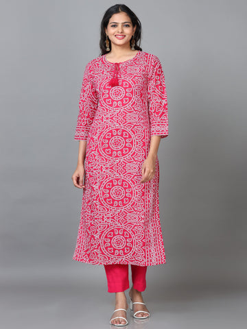 Pink 3/4 Sleeve Cotton Printed Straight calf-long Kurta Set