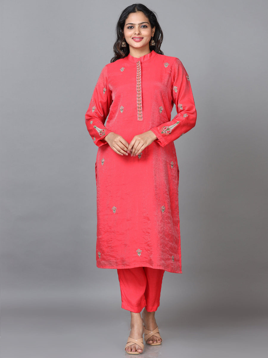 Red Full Sleeve Chanderi Embroidered Straight calf-long Salwar Suit