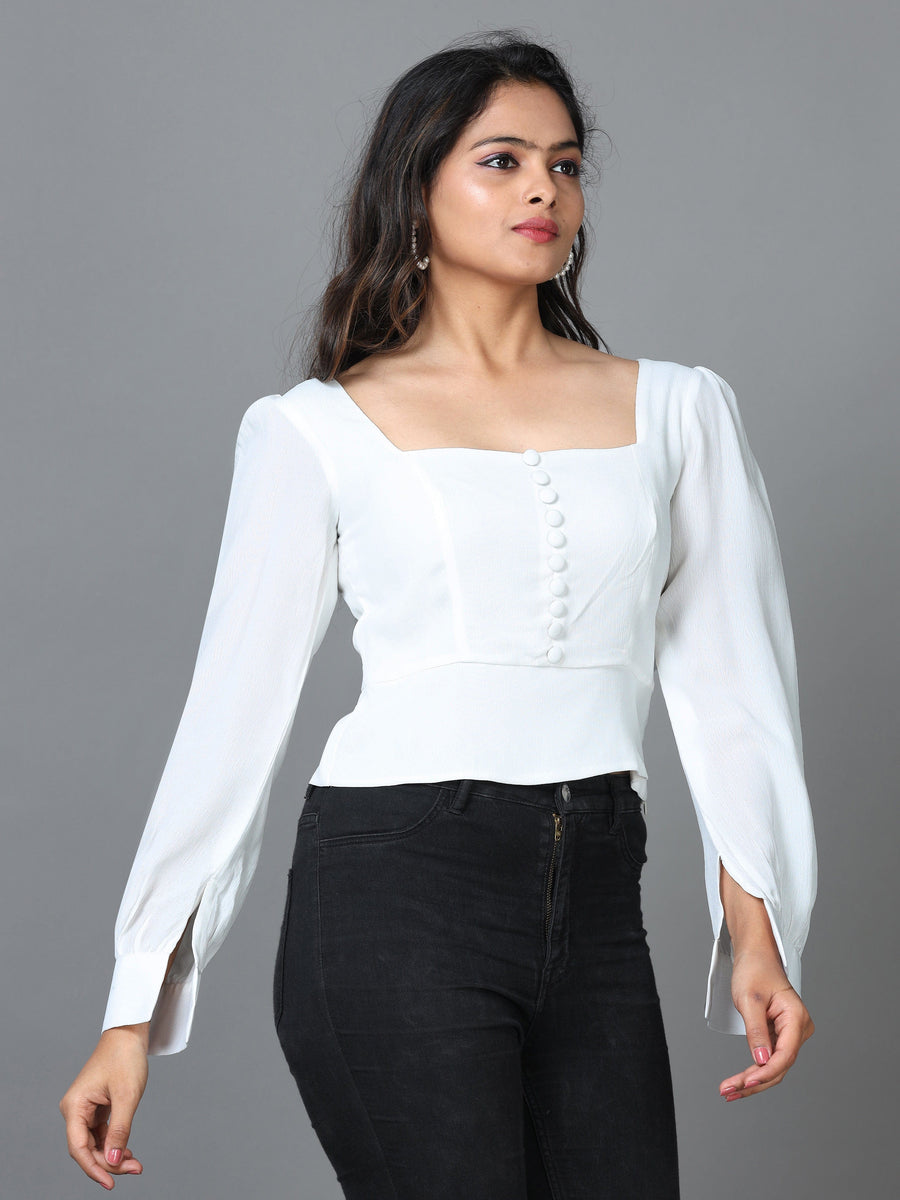 White Cuff Sleeve Georgette Solid Western Short Length Top