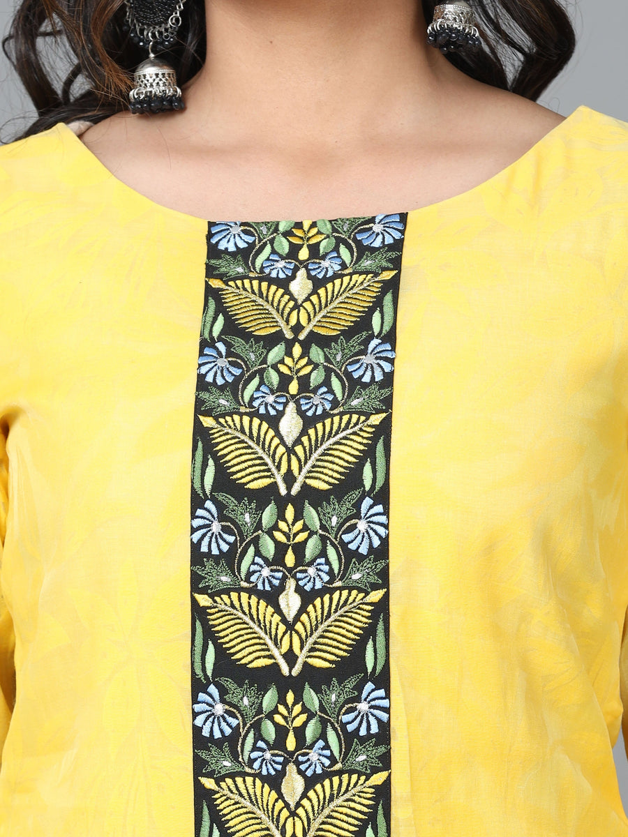 Yellow 3/4 Sleeve Cotton Solid Straight Calf Length Kurta