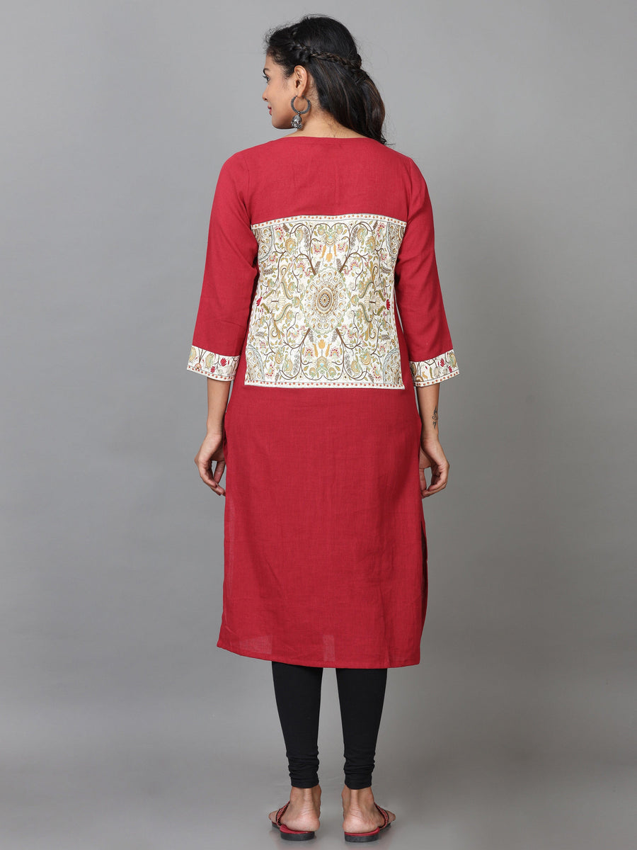 Red 3/4 Sleeve Cotton Printed Straight Calf Length Kurta