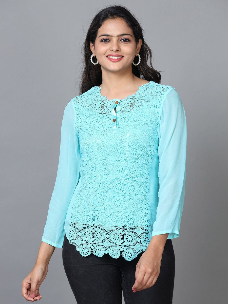 Sky Blue Long Sleeve Georgette Embroidered Western Standard Length Top