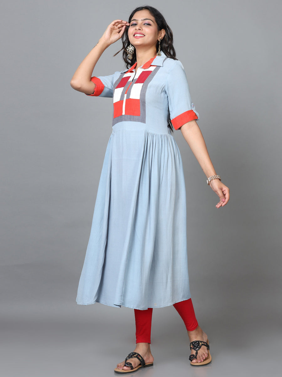 Light Blue Elbow Length Sleeve Georgette Solid A-Line Calf Length Kurta