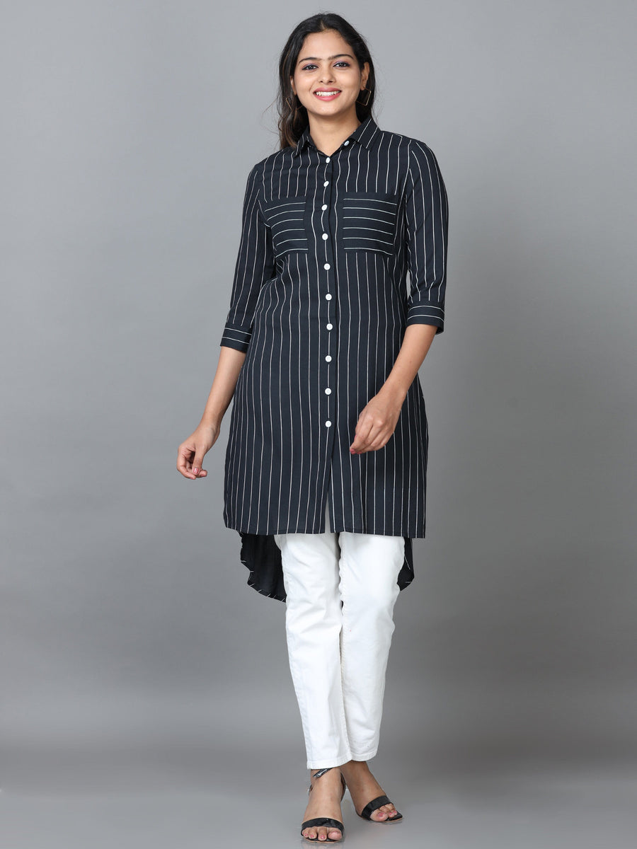 Black Half Sleeve Rayon Striped Western Long Length Shirt