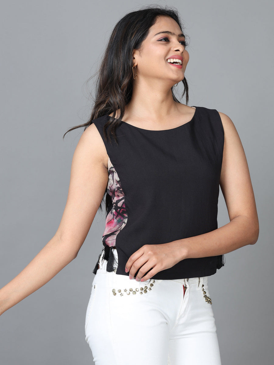 Black Sleeveless Rayon Solid Western Short Length Top