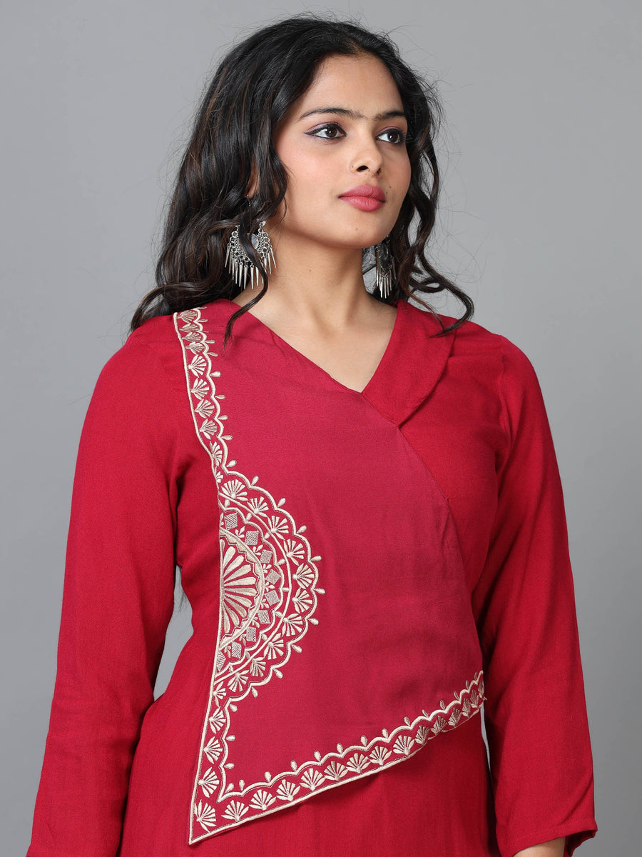 Maroon 3/4 Sleeve Rayon Solid Straight Calf Length Kurta