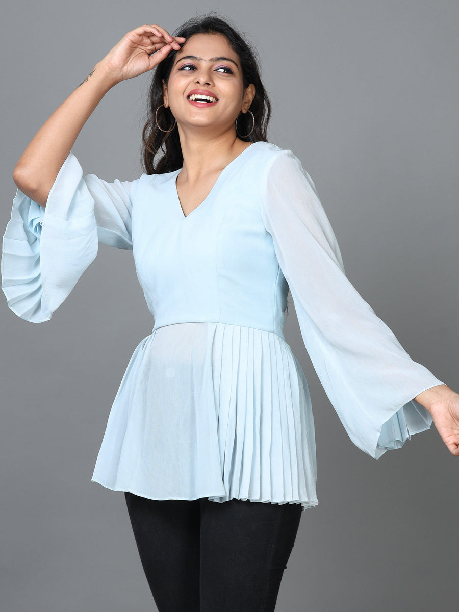 Sky Blue Long Sleeve Georgette Solid Western Standard Length Top