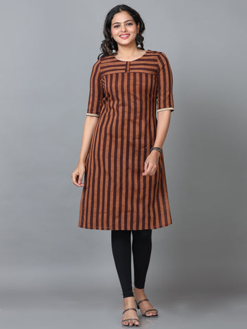 Brown Elbow Length Sleeve Cotton Striped Straight Knee Length Kurta