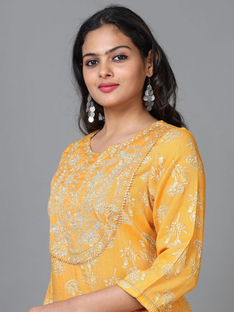 Yellow 3/4 Sleeve Rayon Printed Straight calf-long Salwar Suit