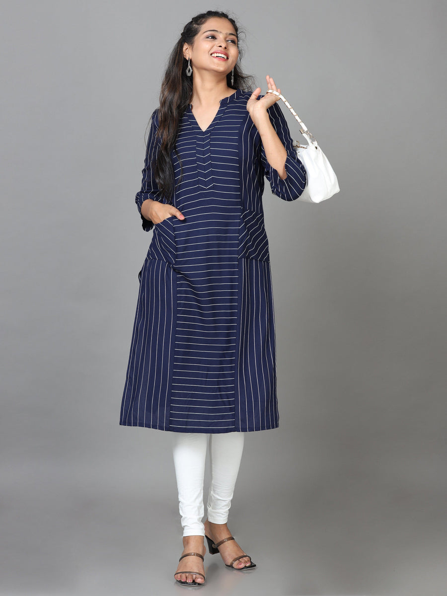 Navy 3/4 Sleeve Rayon Striped Straight Knee Length Kurta