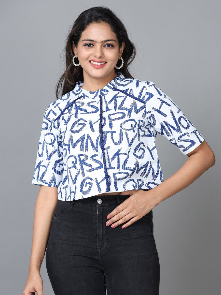 White Half Sleeve Cotton Printed Western Short Length Top