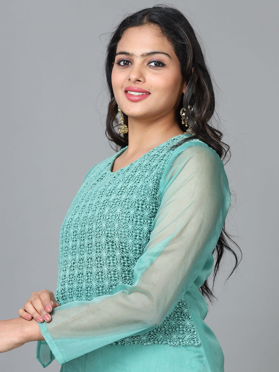 Green 3/4 Sleeve Organza Solid Straight calf-long Kurta Set