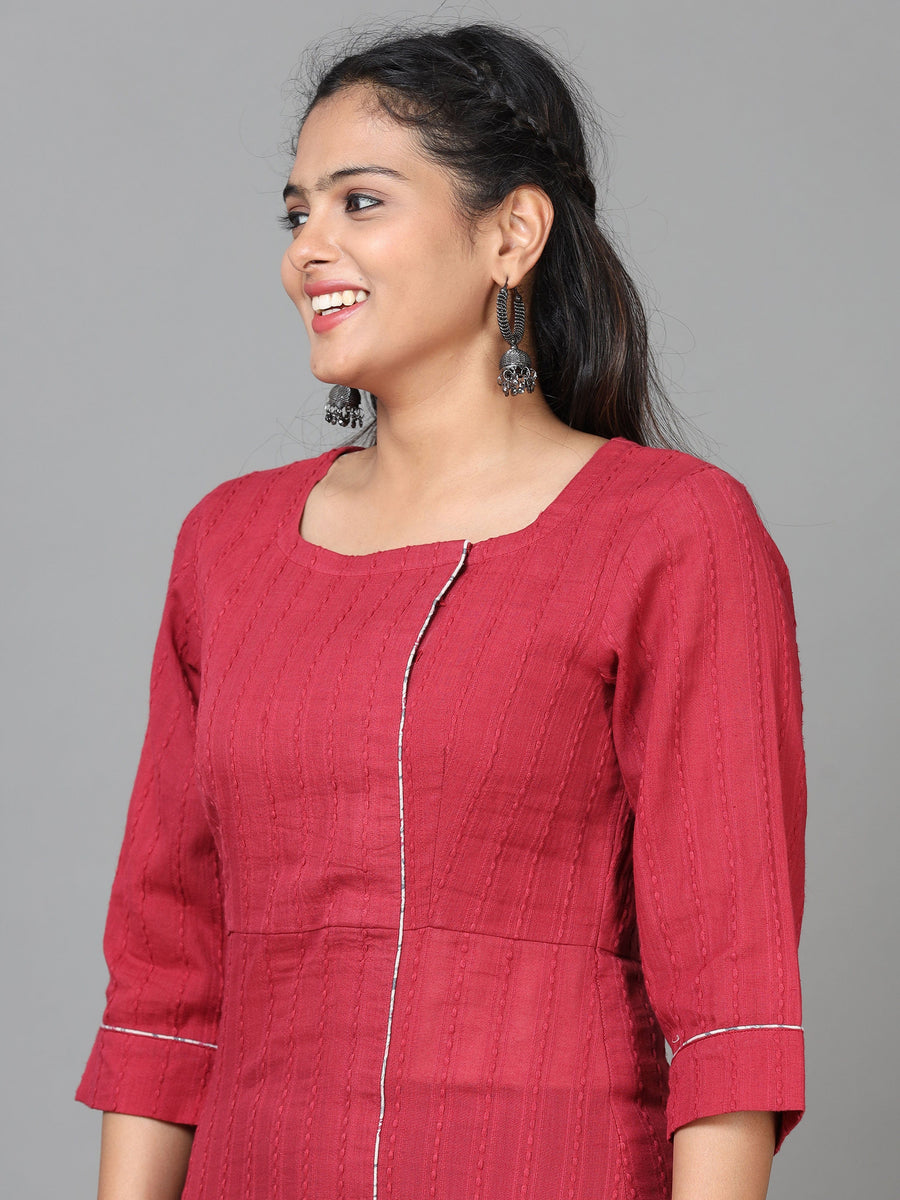 Maroon Elbow Length Sleeve Cotton Solid Straight Calf Length Kurta