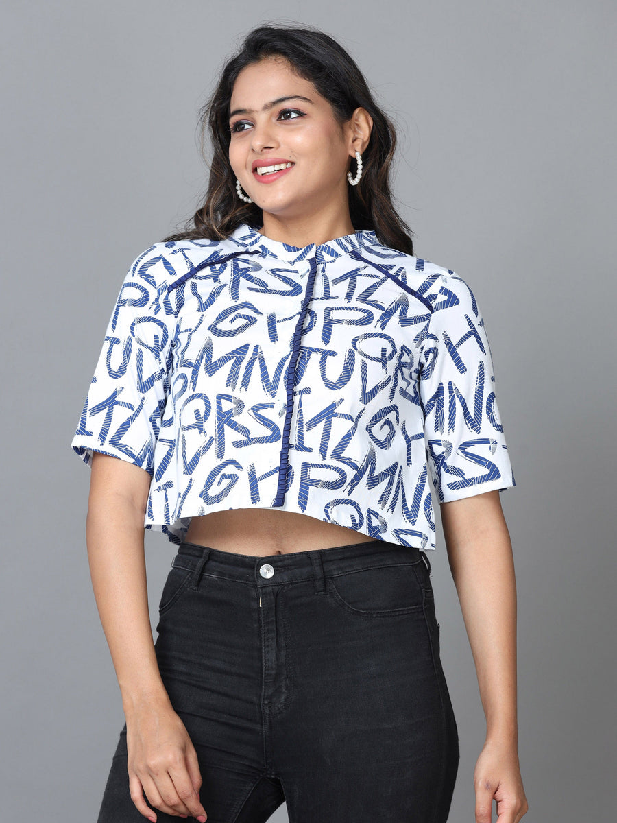 White Half Sleeve Cotton Printed Western Short Length Top