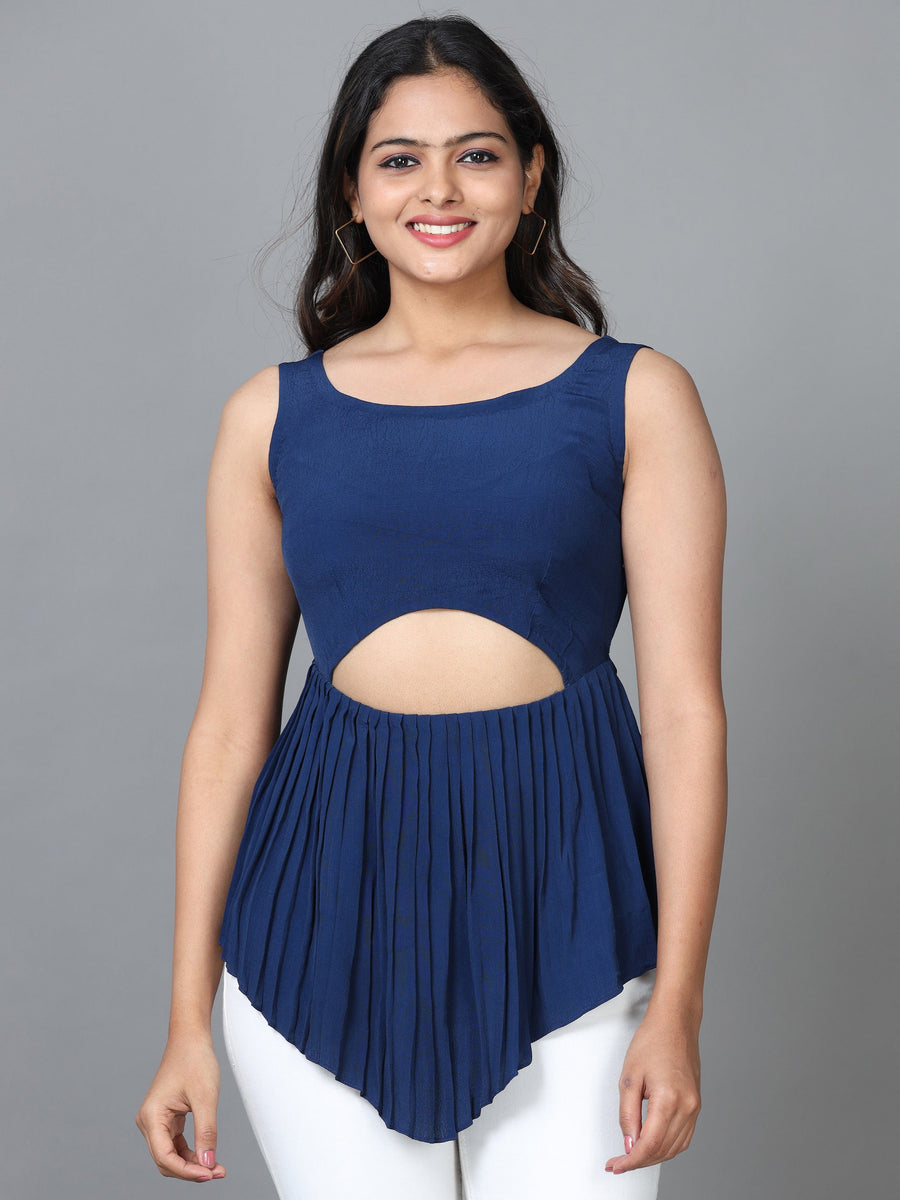 Navy Blue Sleeveless Georgette Solid Western Standard Length Top