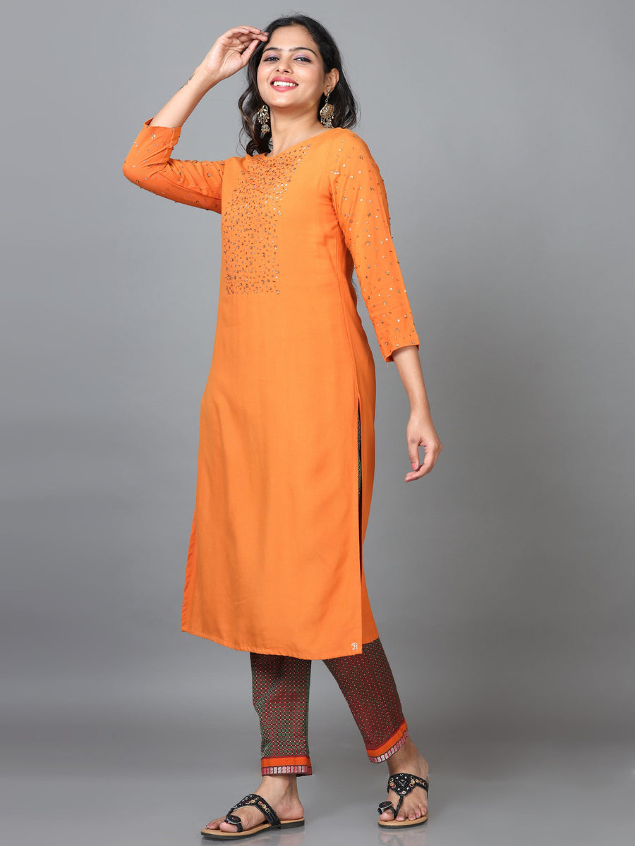 Orange 3/4 Sleeve Rayon Solid Straight calf-long Kurta Set