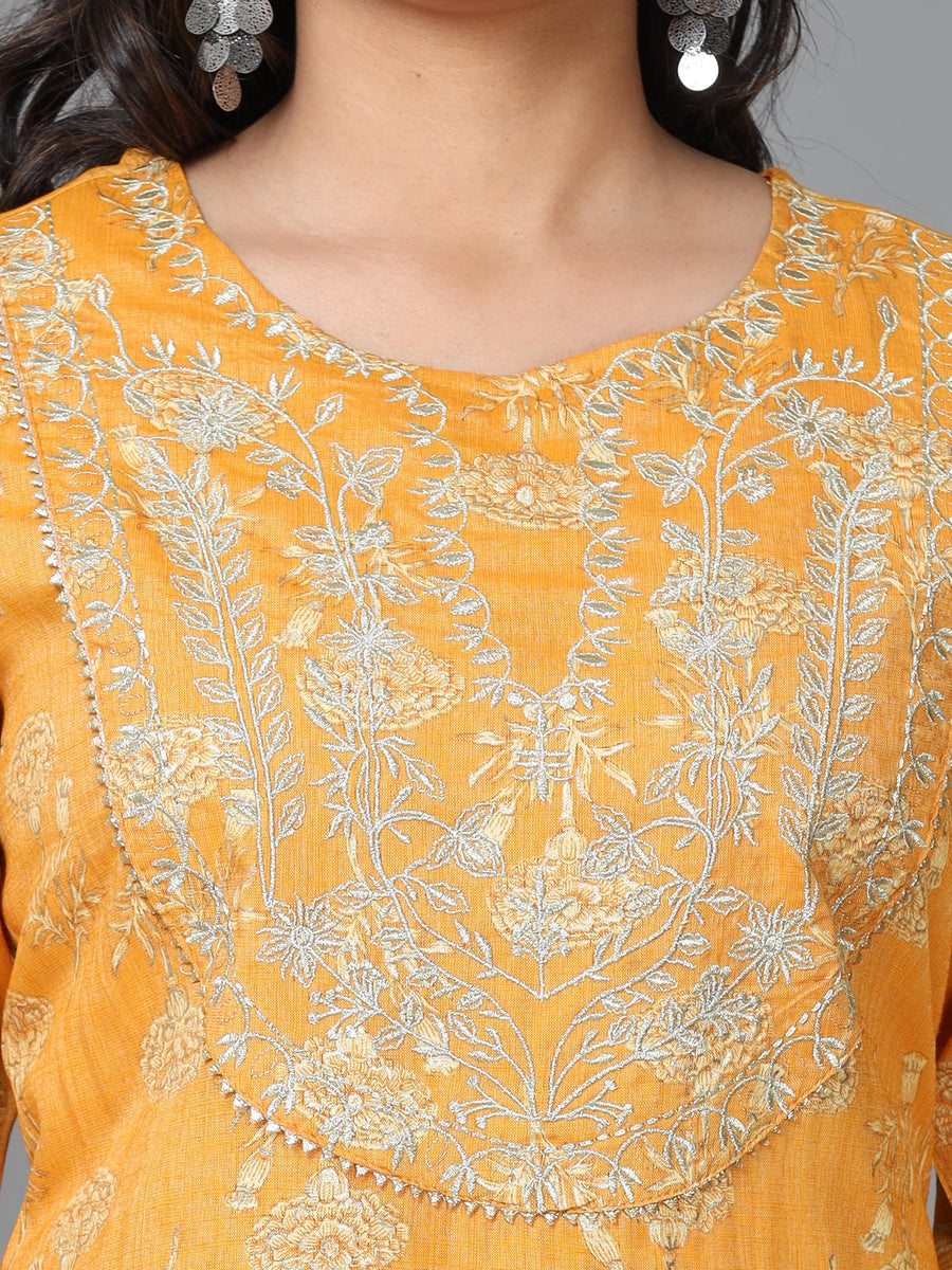 Yellow 3/4 Sleeve Rayon Printed Straight calf-long Salwar Suit