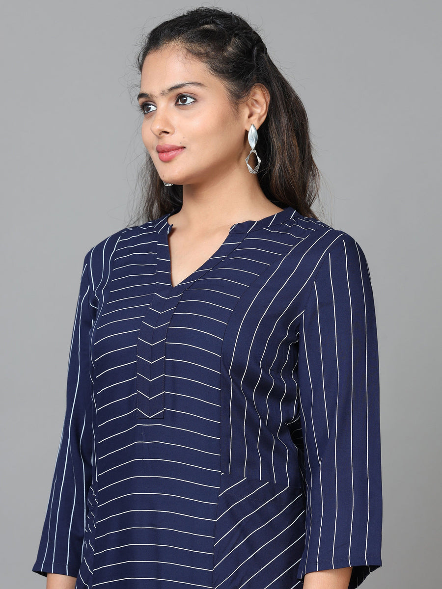 Navy 3/4 Sleeve Rayon Striped Straight Knee Length Kurta