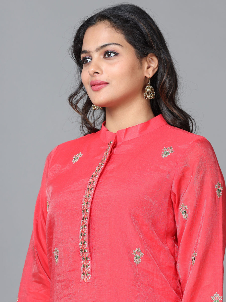 Red Full Sleeve Chanderi Embroidered Straight calf-long Salwar Suit