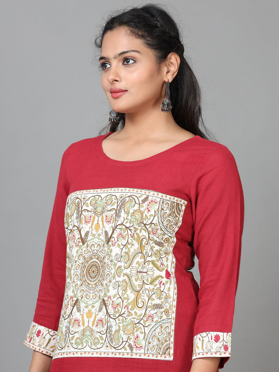 Red 3/4 Sleeve Cotton Printed Straight Calf Length Kurta