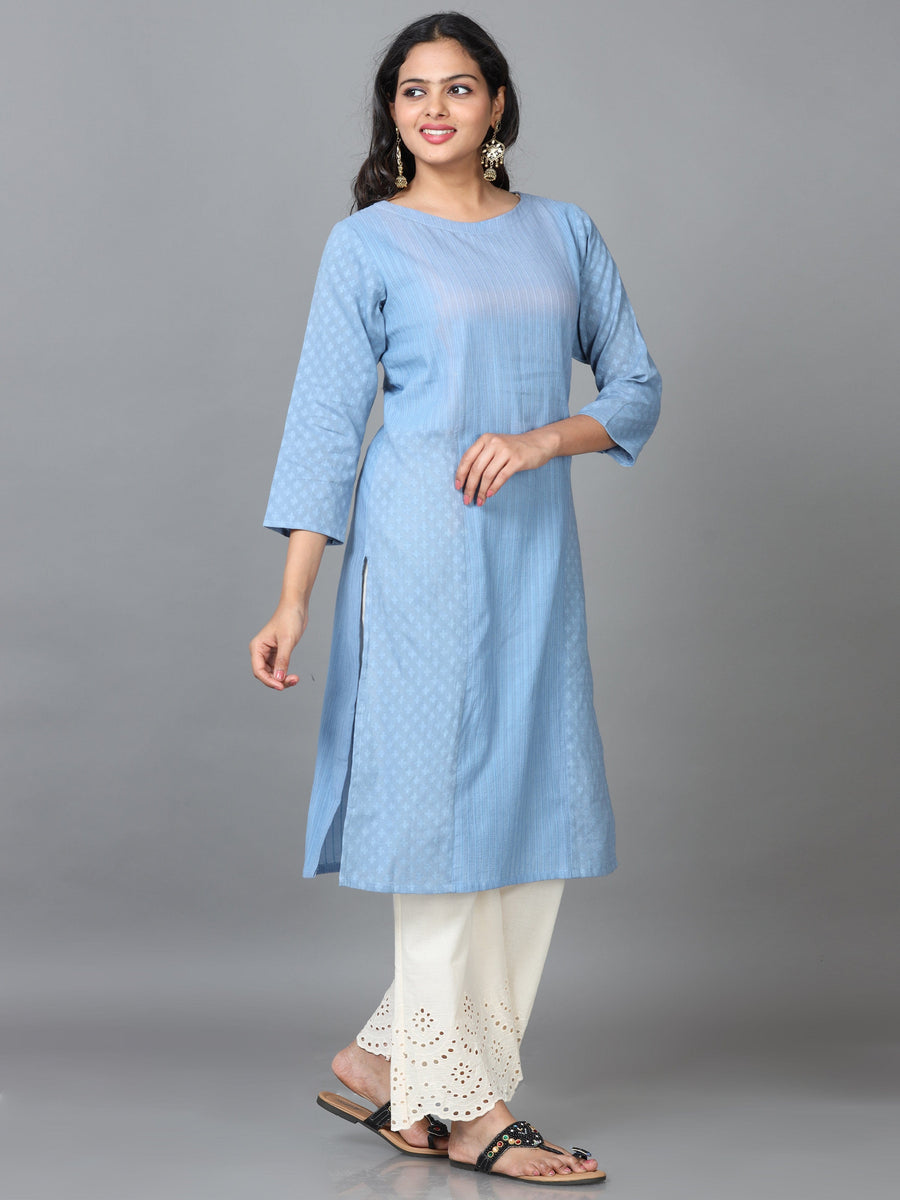 Light Blue 3/4 Sleeve Cotton Solid Straight calf-long Kurta Set