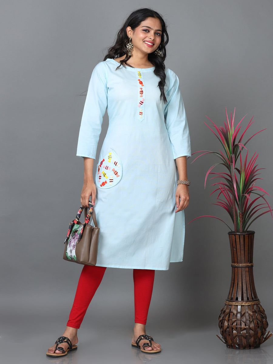 Sky Blue 3/4 Sleeve Cotton Solid Straight Calf Length Kurta