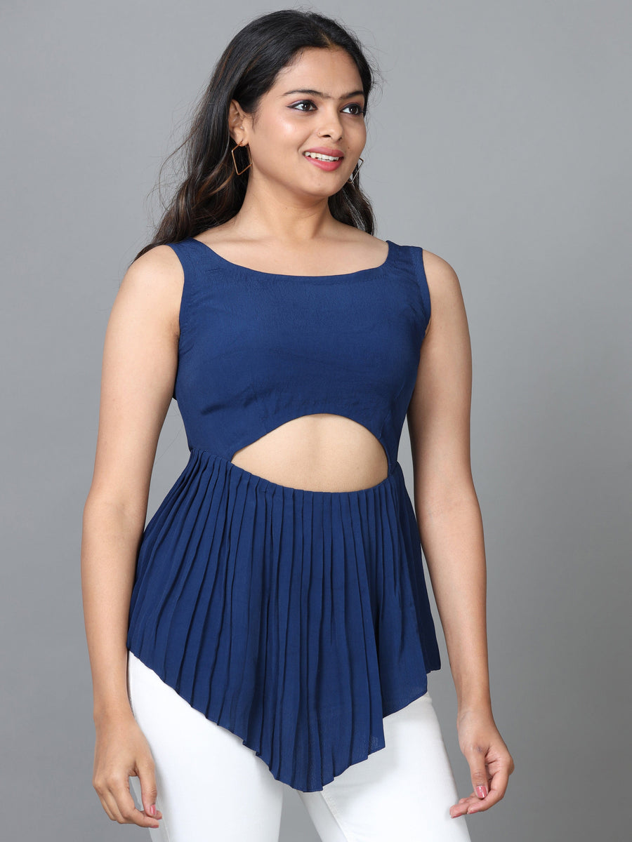 Navy Blue Sleeveless Georgette Solid Western Standard Length Top