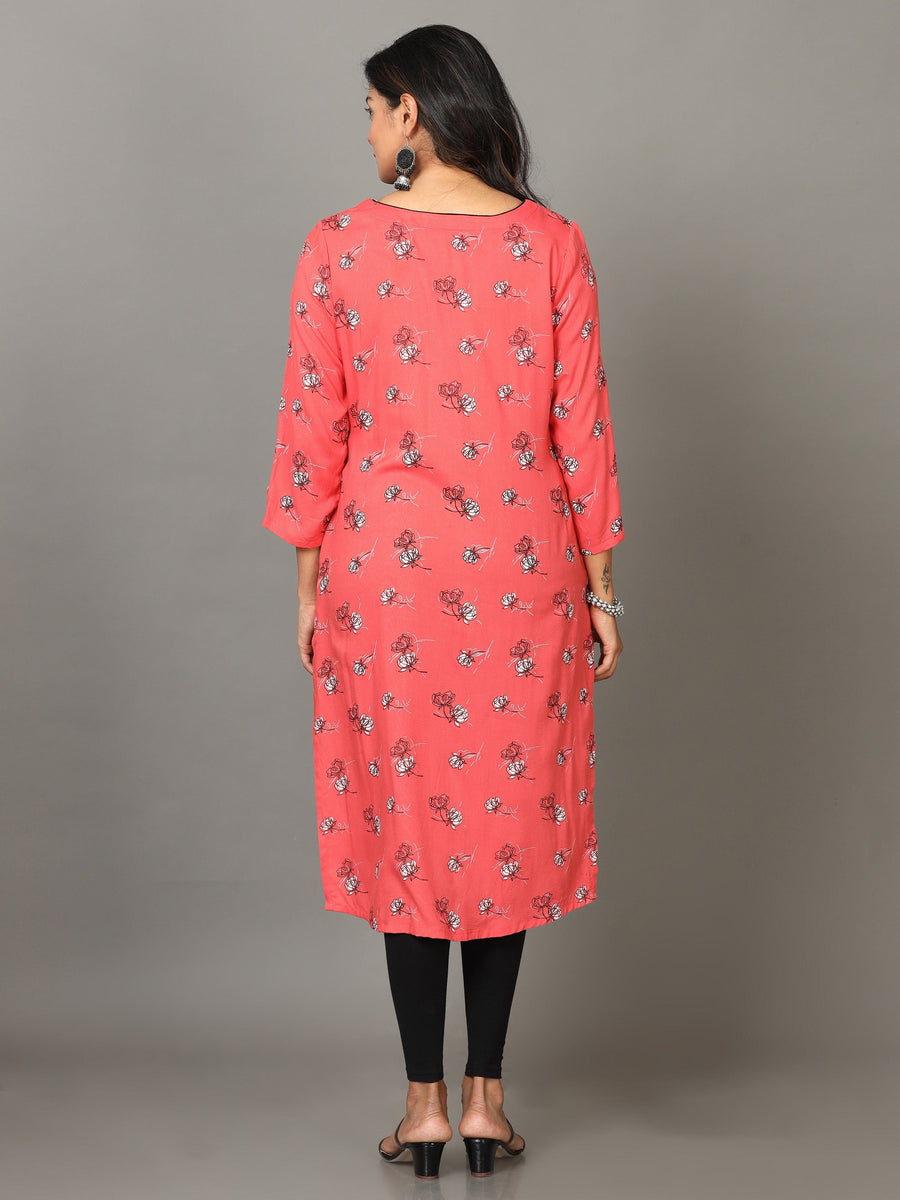 Red 3/4 Sleeve Viscose Printed Straight Knee Length Kurta