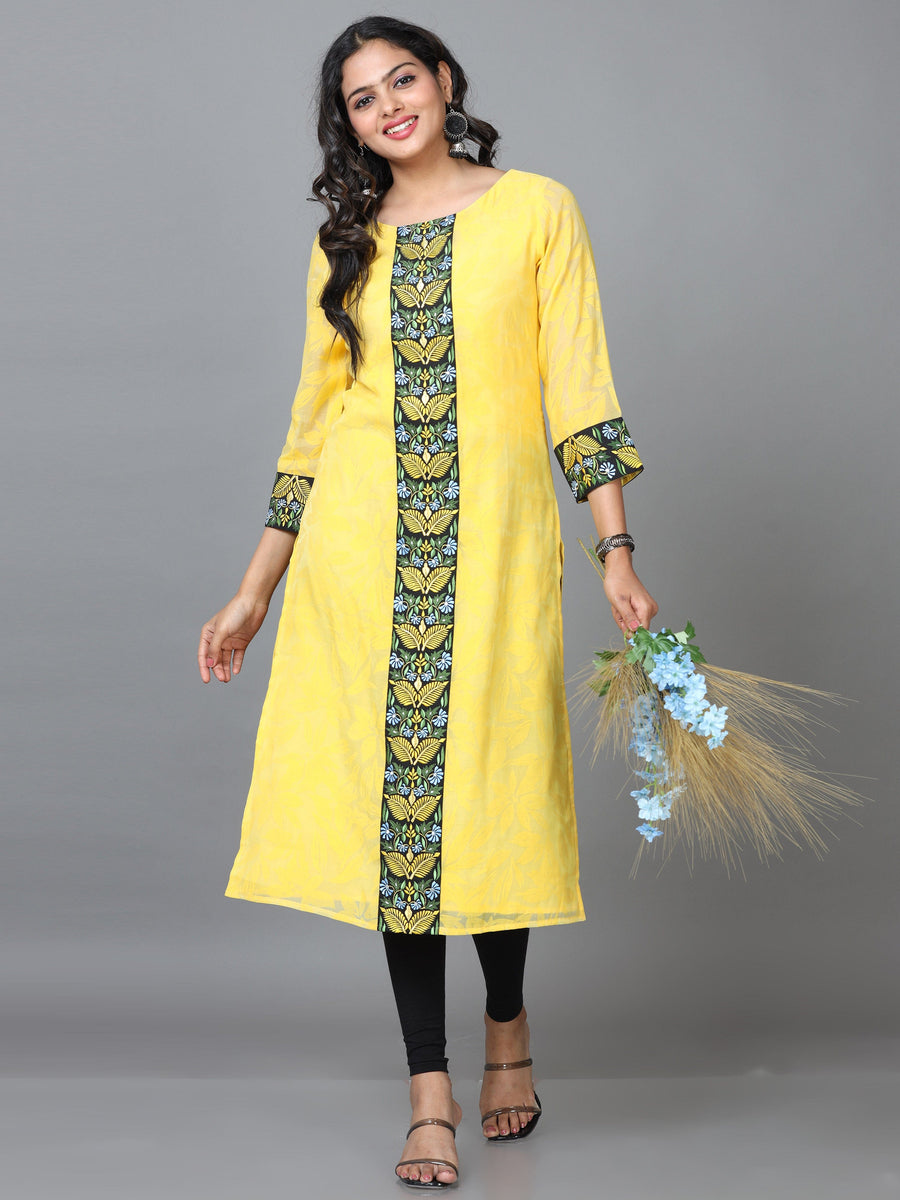 Yellow 3/4 Sleeve Cotton Solid Straight Calf Length Kurta