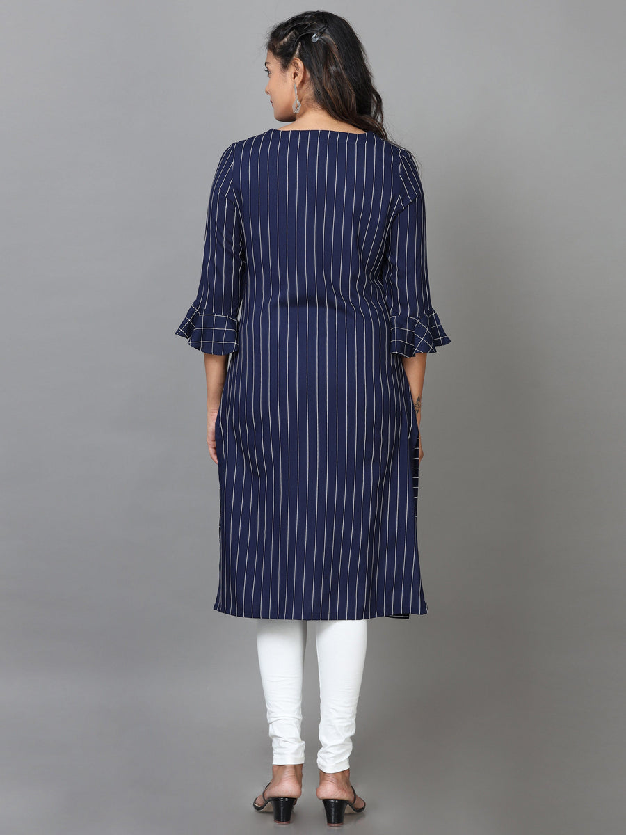 Navy Elbow Length Sleeve Rayon Striped Straight Knee Length Kurta