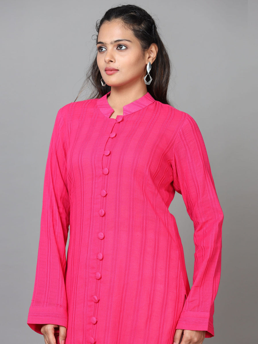 Pink Full Sleeve Cotton Solid Straight Calf Length Kurta