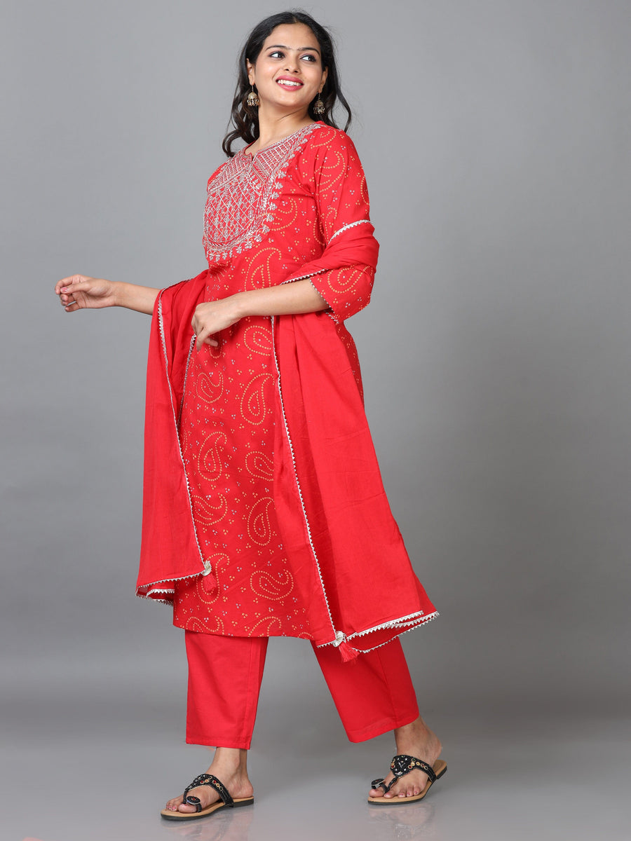 Red 3/4 Sleeve Cotton Printed Straight calf-long Salwar Suit