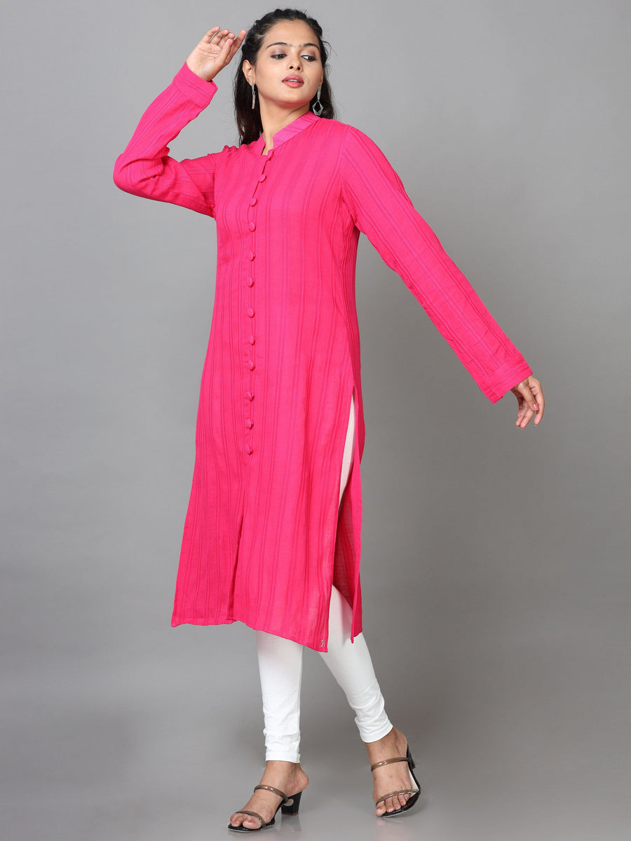 Pink Full Sleeve Cotton Solid Straight Calf Length Kurta