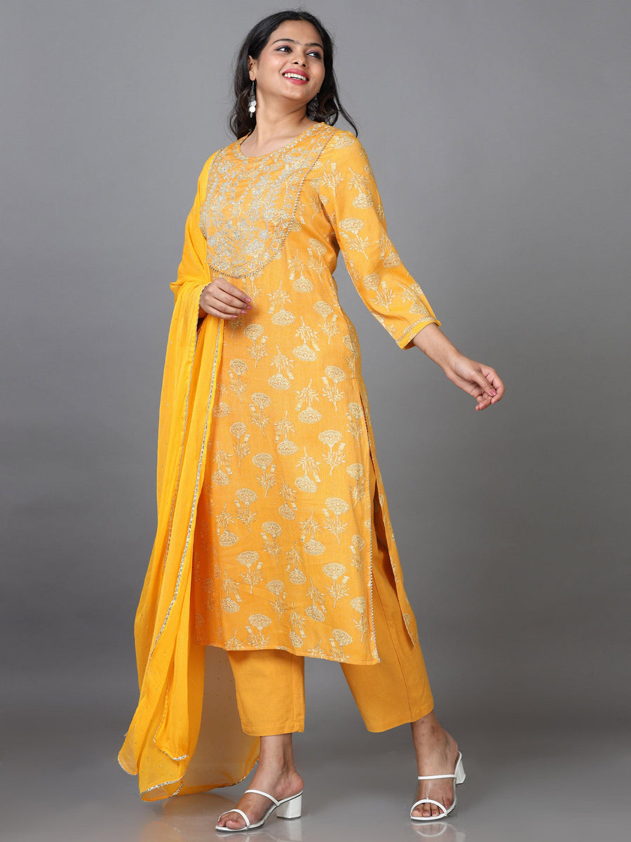 Yellow 3/4 Sleeve Rayon Printed Straight calf-long Salwar Suit