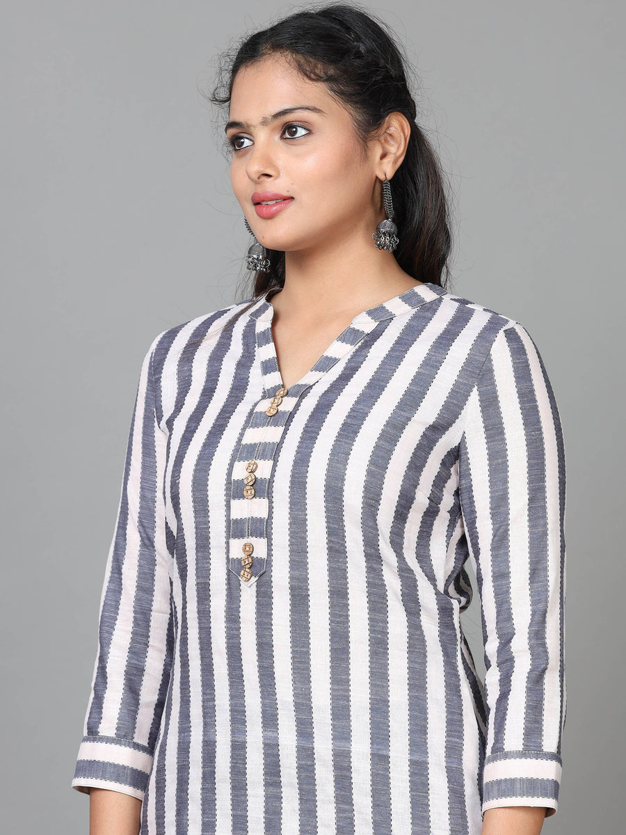 Grey 3/4 Sleeve Cotton Striped Straight Knee Length Kurta