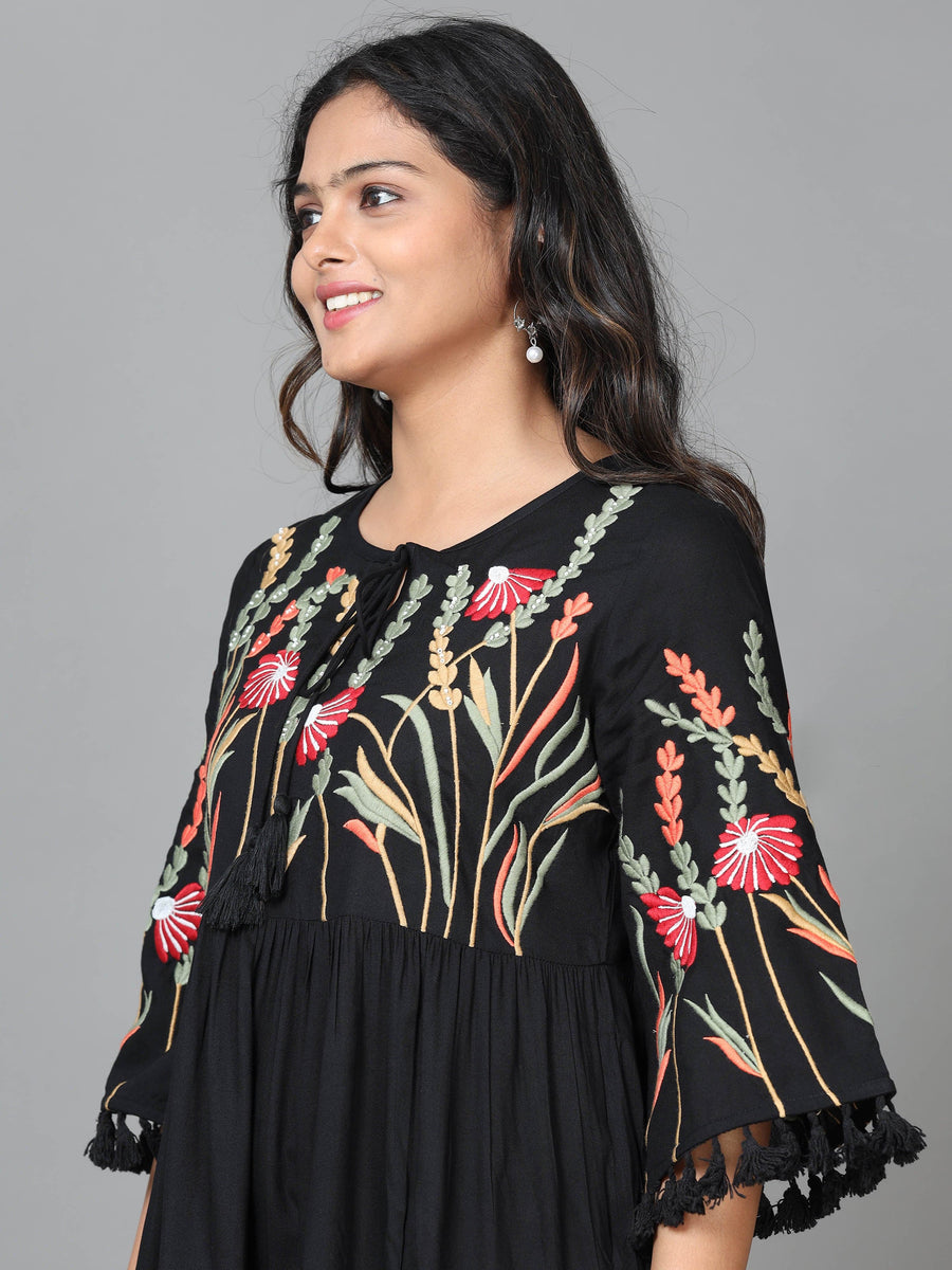 Black Half Sleeve Rayon Embroidered A-Line Mini Dress