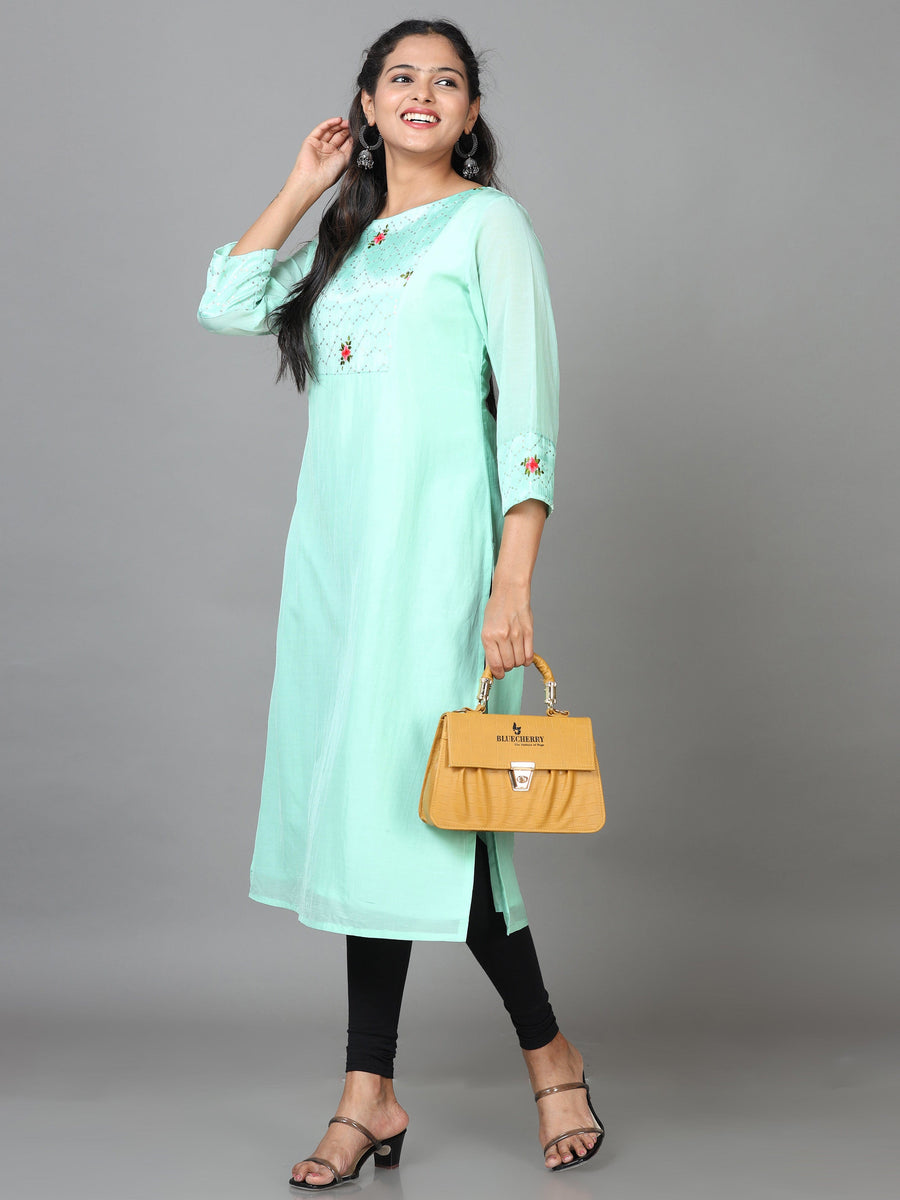 Mint Green 3/4 Sleeve Cotton Embroidered Straight Calf Length Kurta