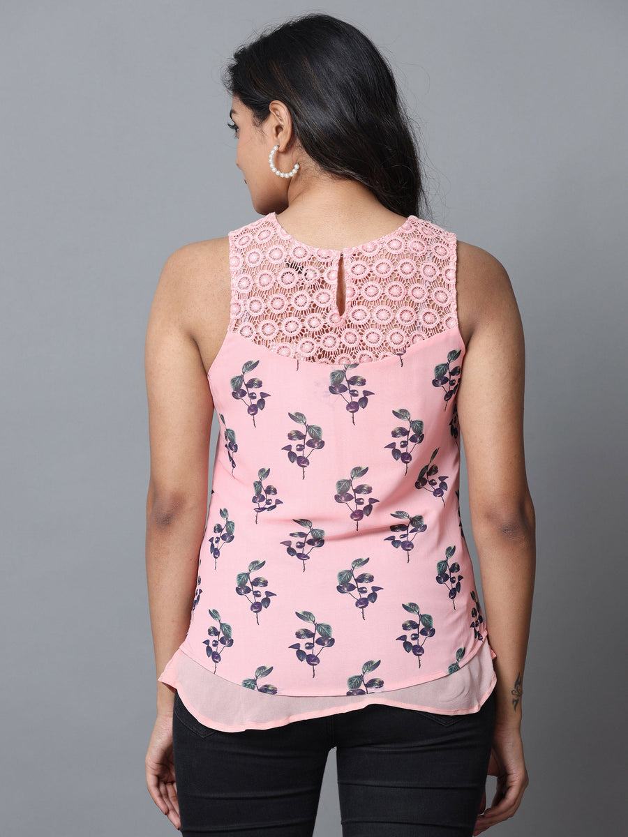 Peach Sleeveless Georgette Printed Western Standard Length Top