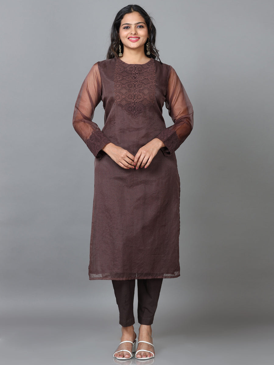 Dark Brown Full Sleeve Organza Solid Straight calf-long Kurta Set