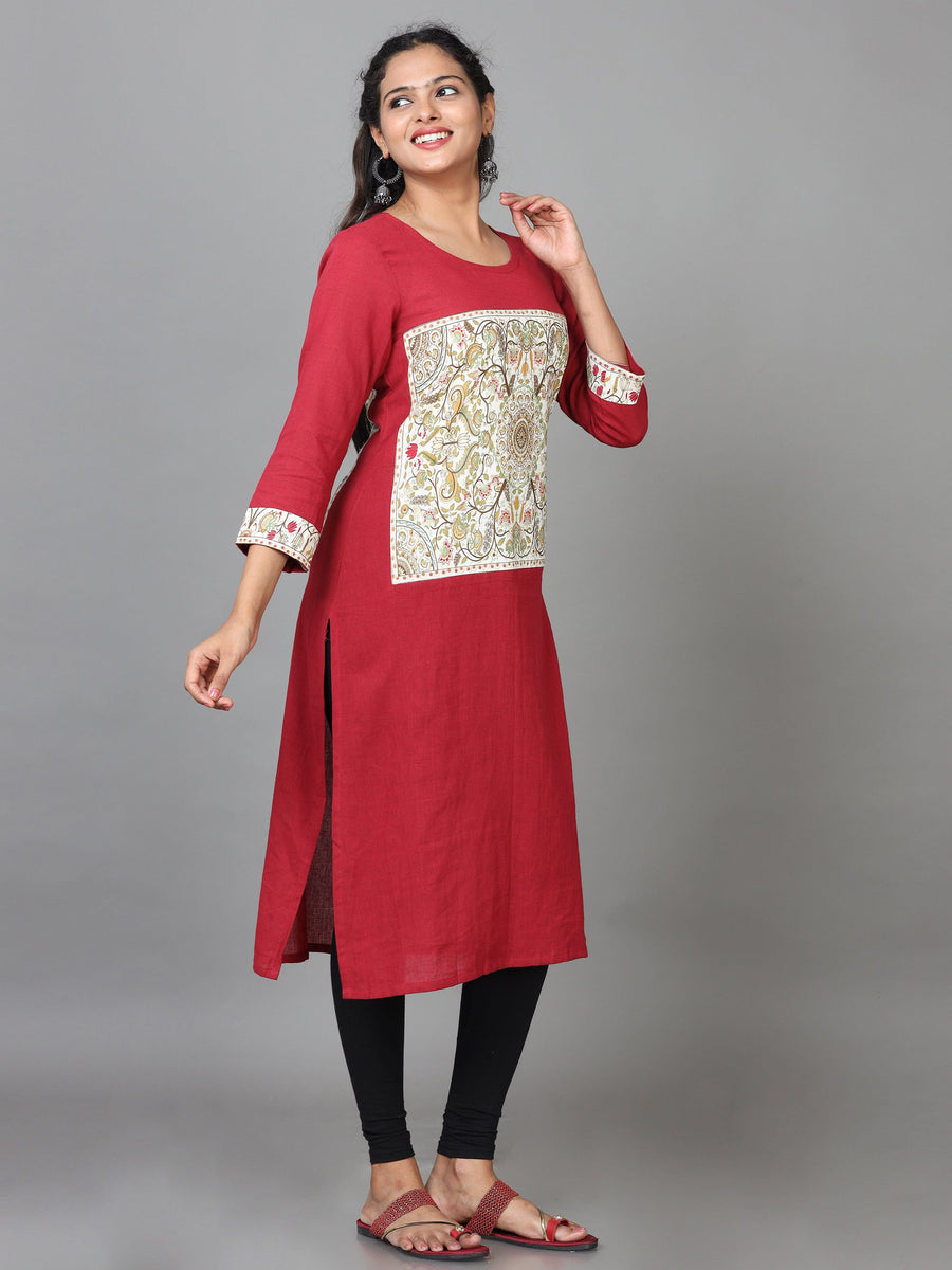 Red 3/4 Sleeve Cotton Printed Straight Calf Length Kurta