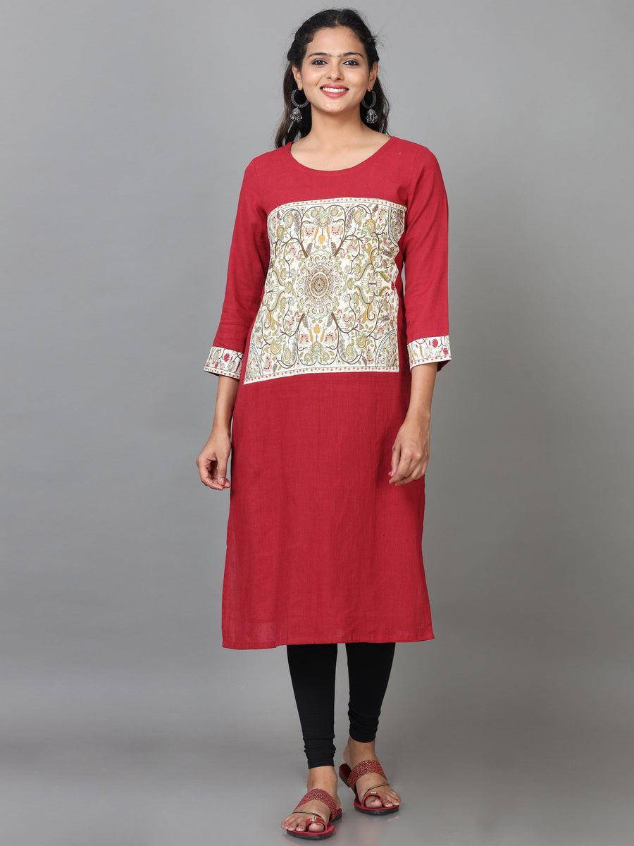 Red 3/4 Sleeve Cotton Printed Straight Calf Length Kurta