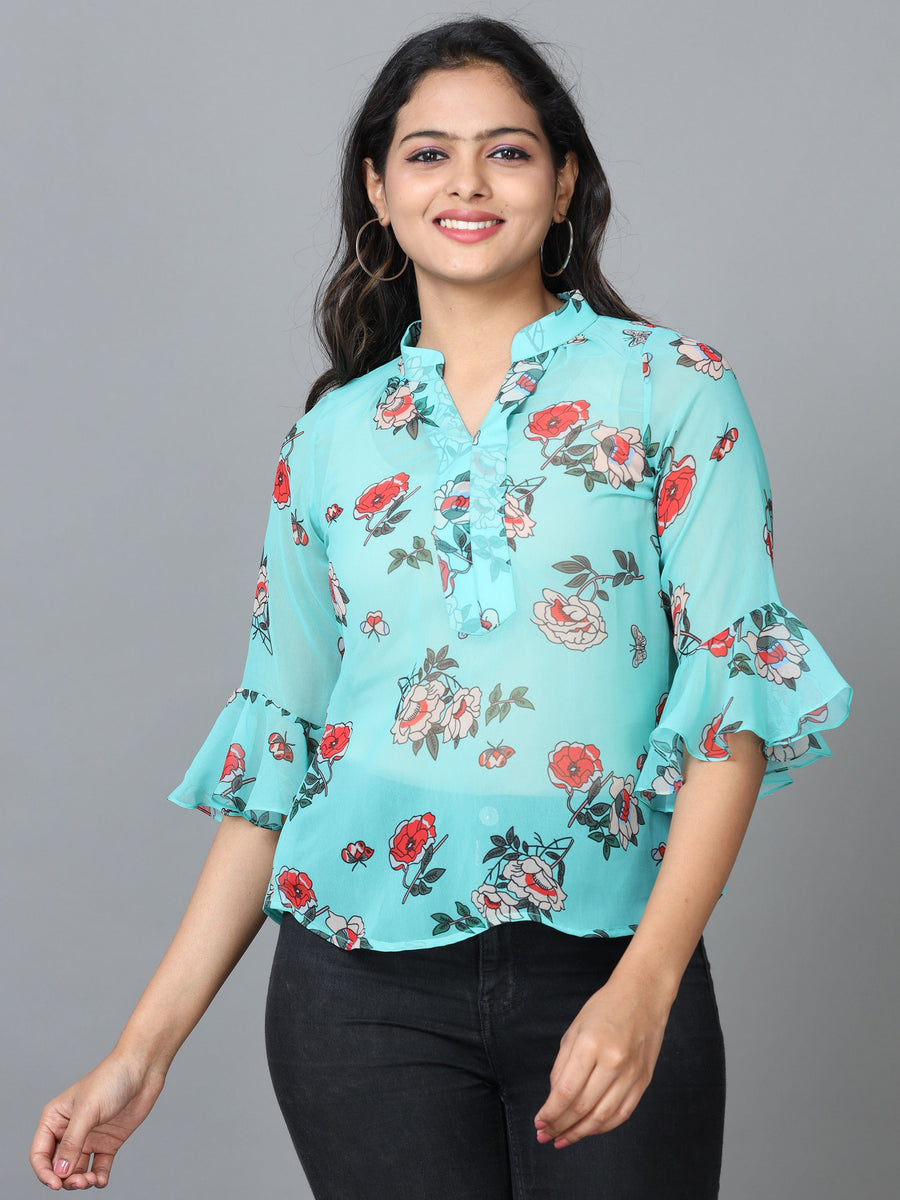 Green Half Sleeve Georgette Printed Western Standard Length Top