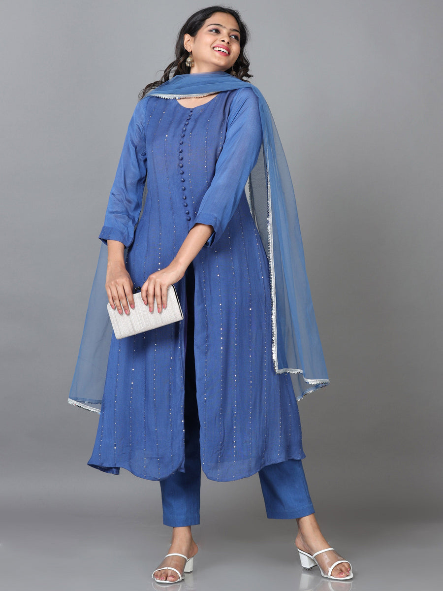 Dark Blue 3/4 Sleeve Rayon Solid A-Line calf-long Salwar Suit