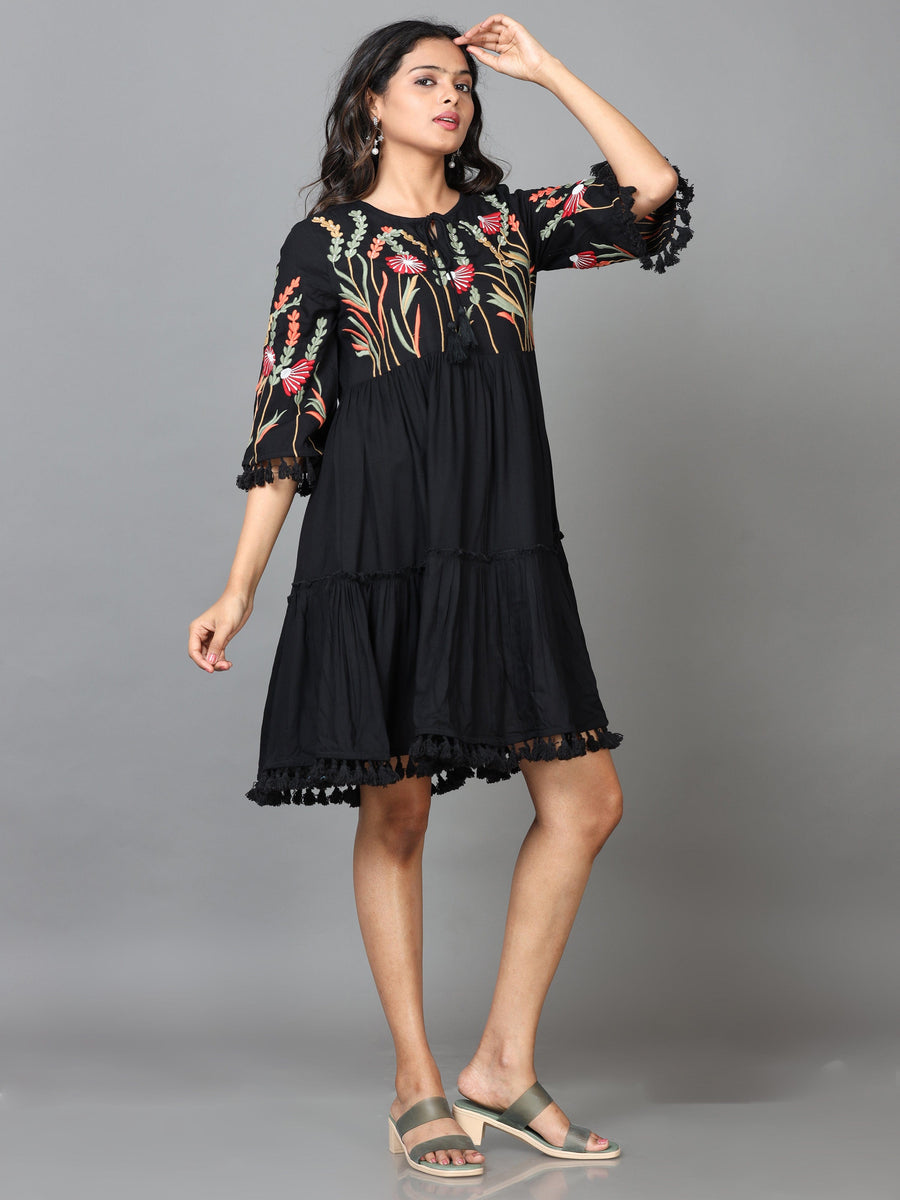 Black Half Sleeve Rayon Embroidered A-Line Mini Dress