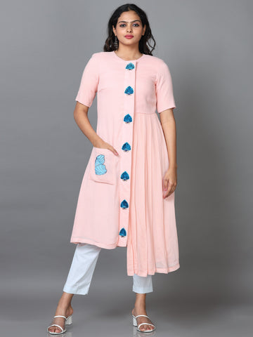 Peach Half Sleeve Cotton Solid Straight calf-long Salwar Suit