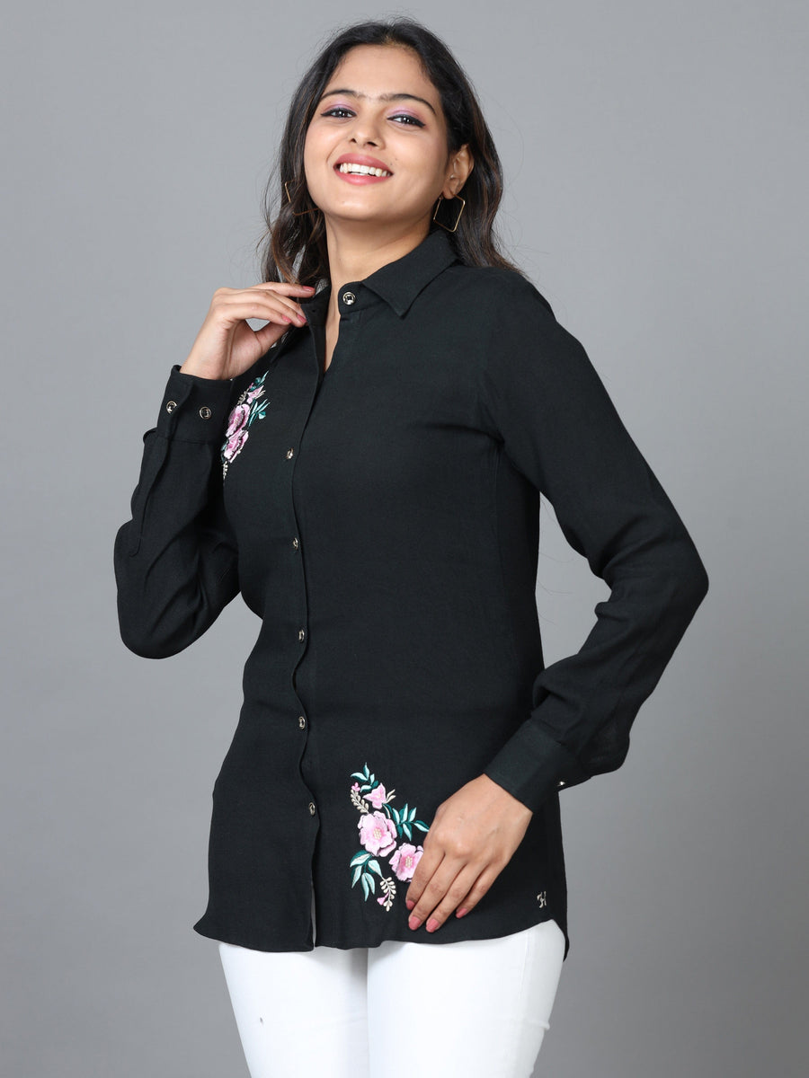 Black Cuff Sleeve Georgette Embroidered Western Standard Length Shirt