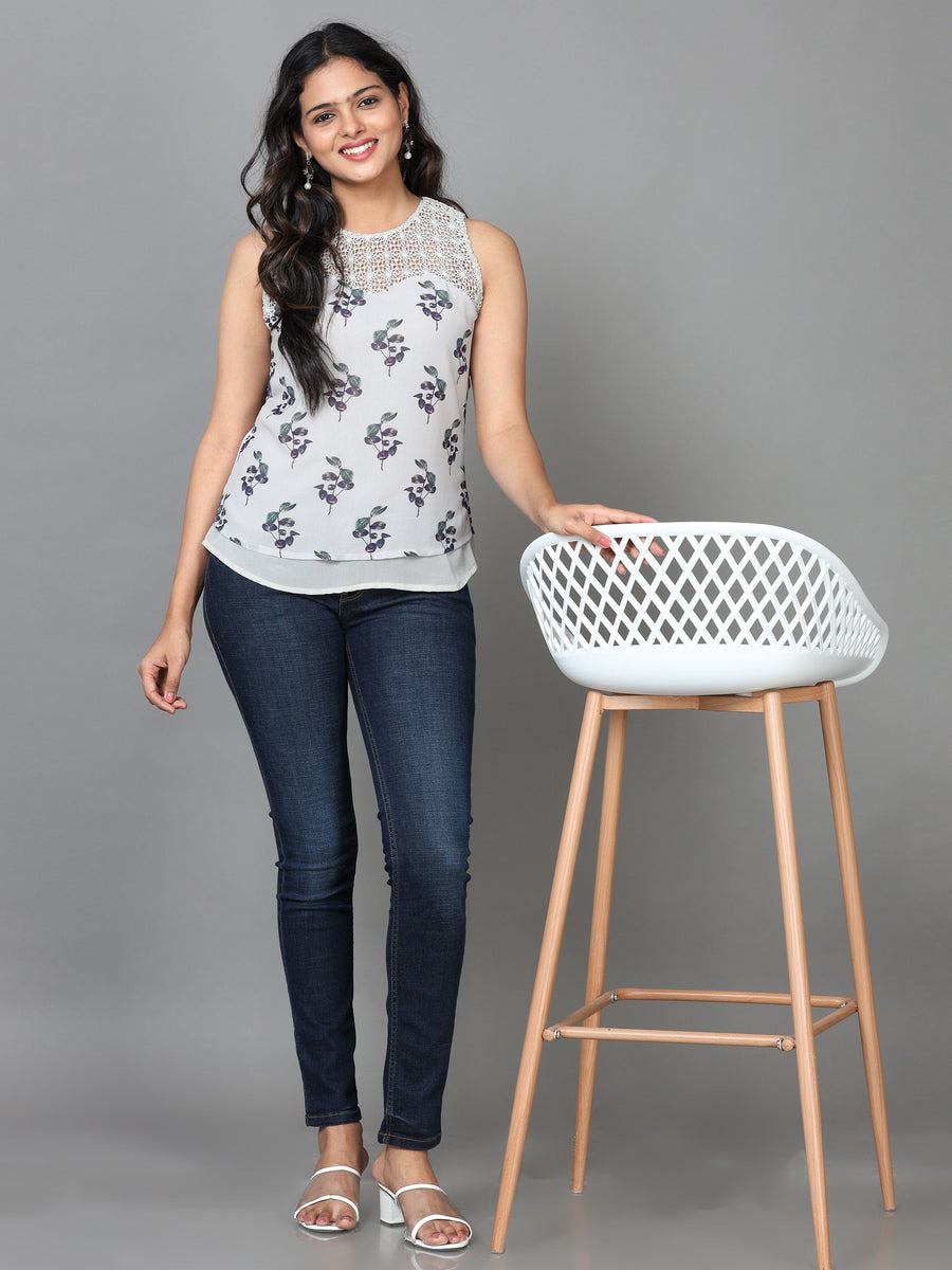 Light Grey Sleeveless Georgette Printed Western Standard Length Top