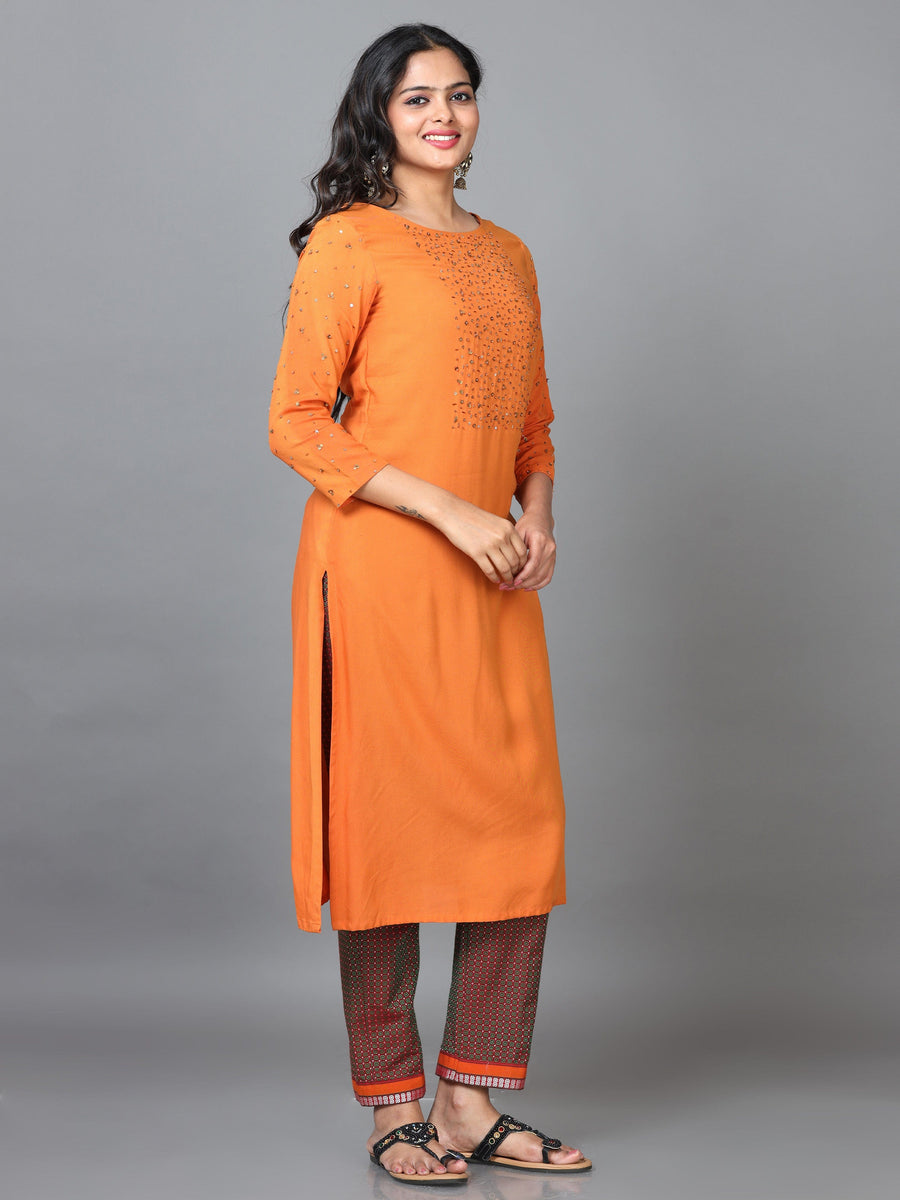 Orange 3/4 Sleeve Rayon Solid Straight calf-long Kurta Set